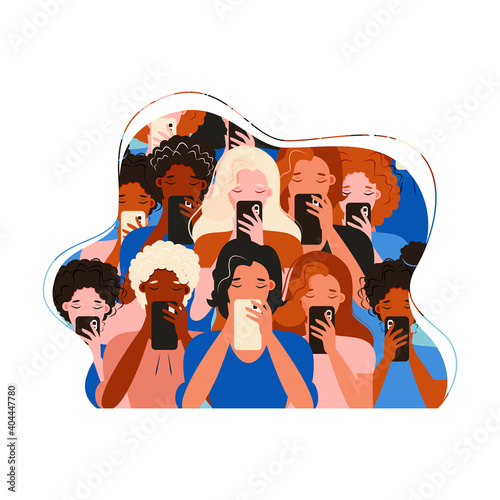 Smartphone internet addiction awareness flat poster with people chatting with virtual friends and checking mails abstract vector illustration

