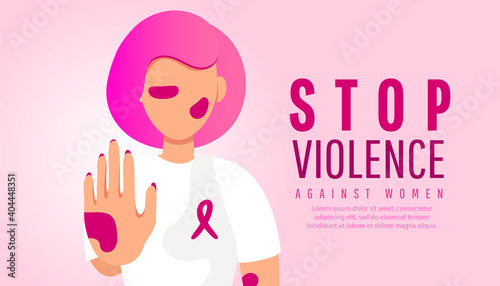 Young girl with bruises and abrasions raised her hand up and shows a stop violence sign. Stop drugs, human rights violations, human trafficking