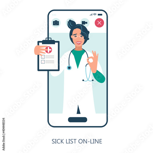 Virtual doctor app flat vector illustration. Mobile consultation, smart medical assistance. Modern telemedicine, eHealth concept, telehealth, Coronavirus Covid-19, quarantine motivational poster.

