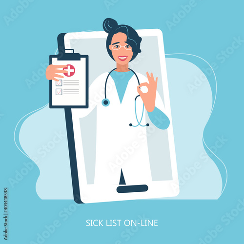 Virtual doctor app flat vector illustration. Mobile consultation, smart medical assistance. Modern telemedicine, eHealth concept, telehealth, Coronavirus Covid-19, quarantine motivational poster.

