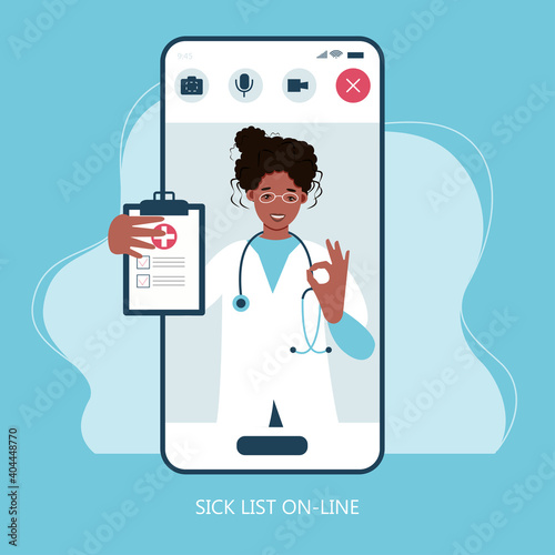 Virtual doctor app flat vector illustration. Mobile consultation, smart medical assistance. Modern telemedicine, eHealth concept, telehealth, Coronavirus Covid-19, quarantine motivational poster.

