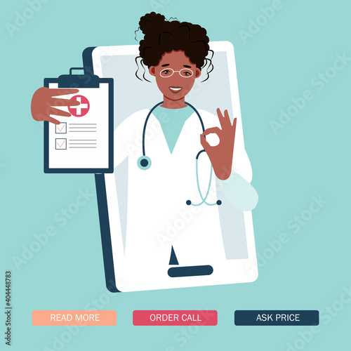 Virtual doctor app flat vector illustration. Mobile consultation, smart medical assistance. Modern telemedicine, eHealth concept, telehealth, Coronavirus Covid-19, quarantine motivational poster.

