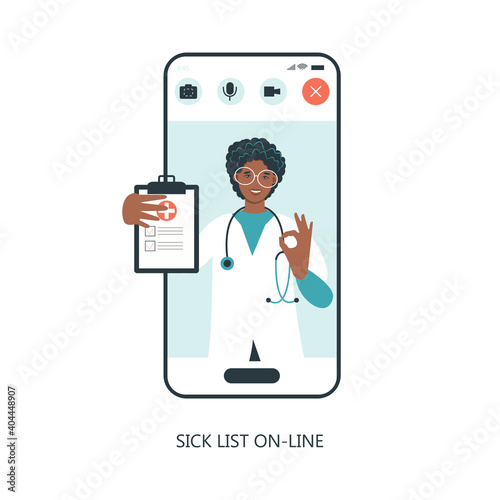 Virtual doctor app flat vector illustration. Mobile consultation, smart medical assistance. Modern telemedicine, eHealth concept, telehealth, Coronavirus Covid-19, quarantine motivational poster.

