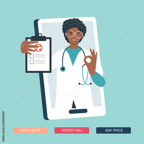 Virtual doctor app flat vector illustration. Mobile consultation, smart medical assistance. Modern telemedicine, eHealth concept, telehealth, Coronavirus Covid-19, quarantine motivational poster.

