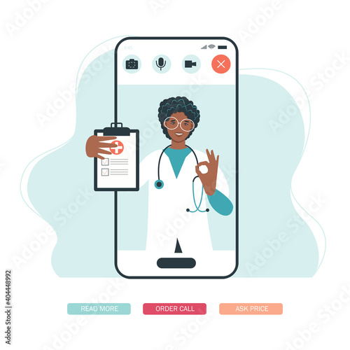 Virtual doctor app flat vector illustration. Mobile consultation, smart medical assistance. Modern telemedicine, eHealth concept, telehealth, Coronavirus Covid-19, quarantine motivational poster.


