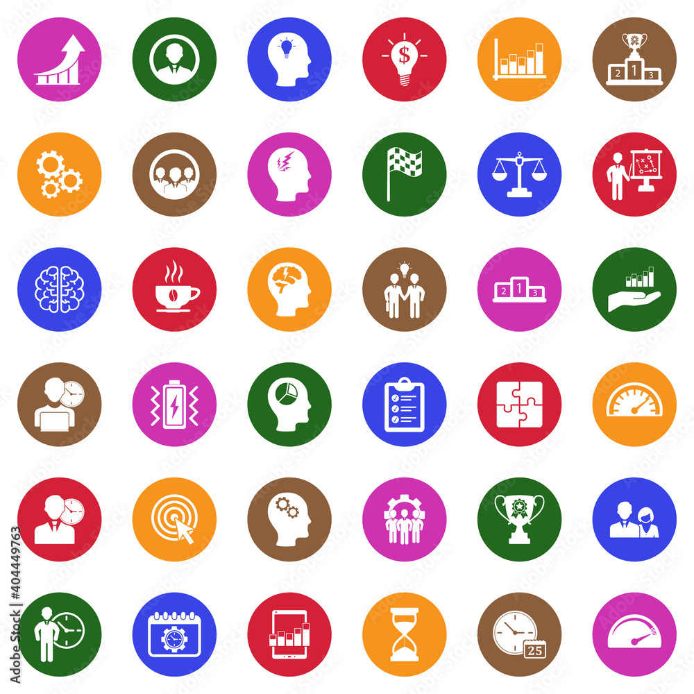 Productivity Improvement Icons. White Flat Design In Circle. Vector Illustration.