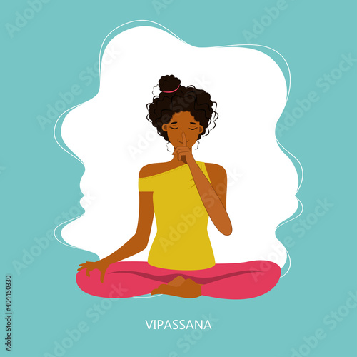 Young woman with closed eyes sitting cross legged on floor and meditating. 
Yoga retreat, spiritual practice, Vipassana Buddhist meditation. Flat cartoon vector illustration.


