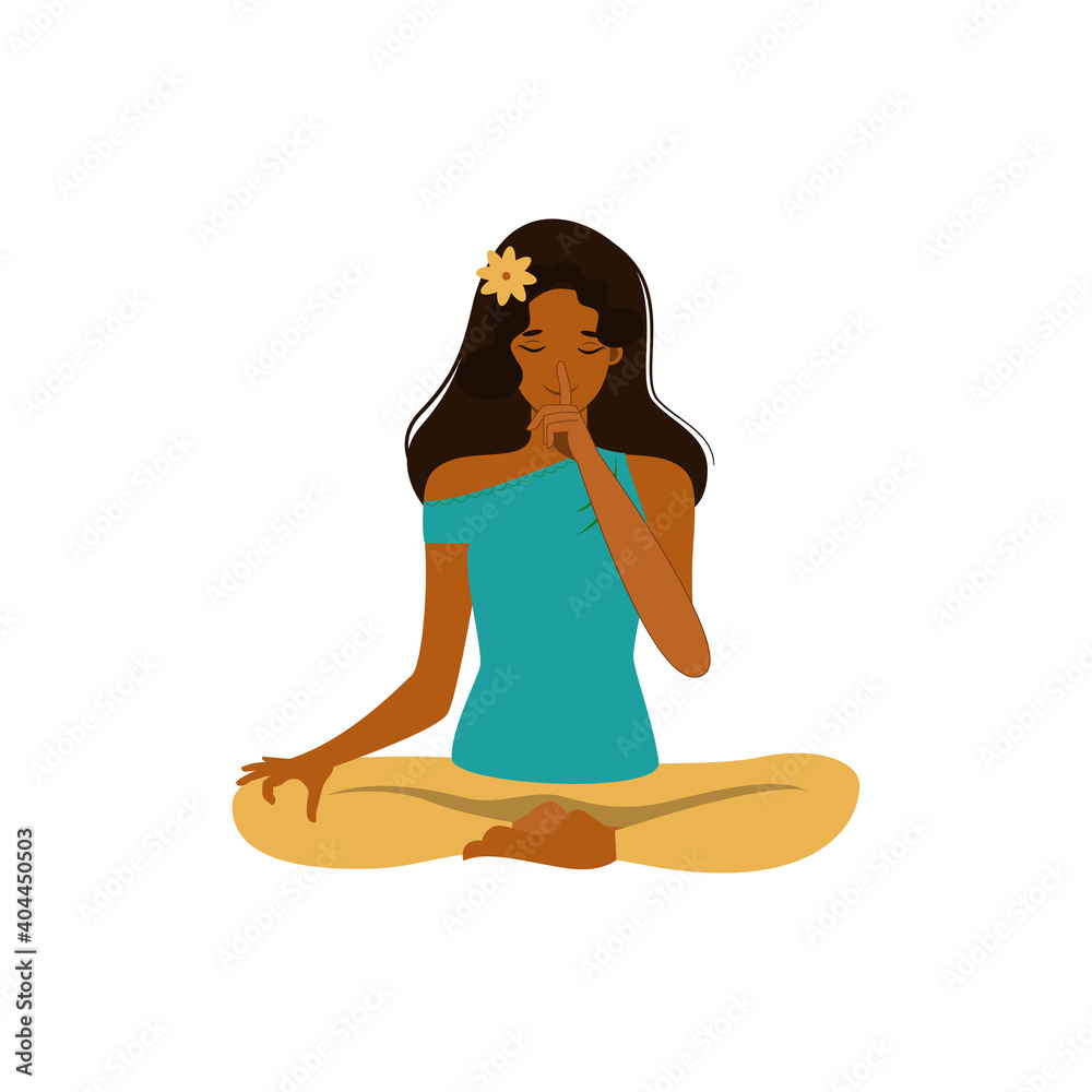 Young woman with closed eyes sitting cross legged on floor and meditating. 
Yoga retreat, spiritual practice, Vipassana Buddhist meditation. Flat cartoon vector illustration.


