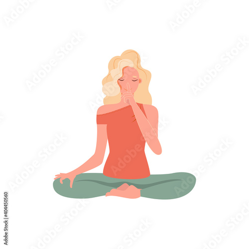 Young woman with closed eyes sitting cross legged on floor and meditating. 
Yoga retreat, spiritual practice, Vipassana Buddhist meditation. Flat cartoon vector illustration.

