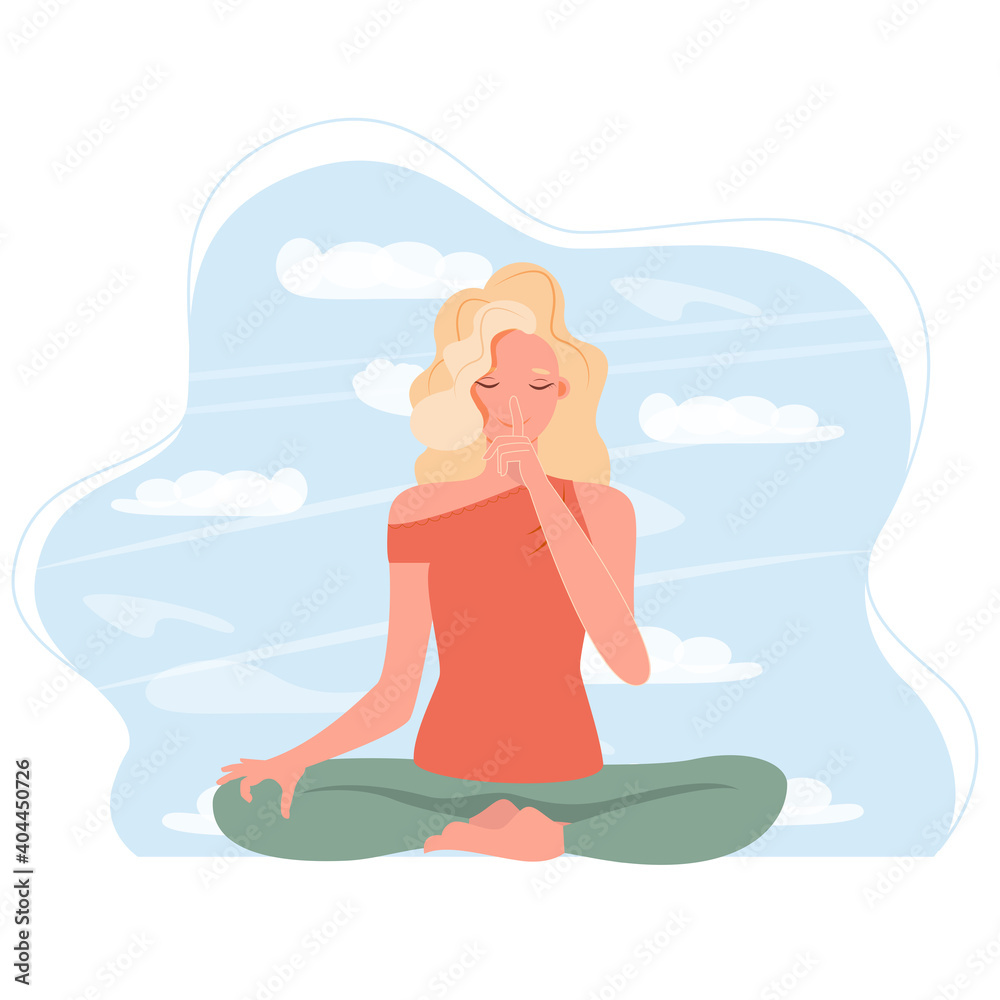 Young woman with closed eyes sitting cross legged on floor and meditating. 
Yoga retreat, spiritual practice, Vipassana Buddhist meditation. Flat cartoon vector illustration.

