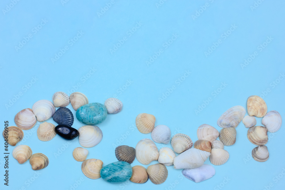 seashells, white, blue and black stones on a blue background. amazonite and sea pebbles seashells, white, blue and black stones on a blue background. amazonite and sea pebbles