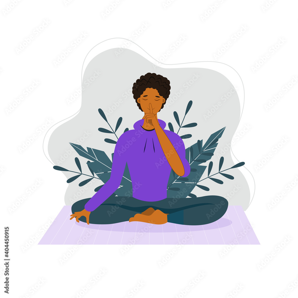 Young man with closed eyes sitting cross legged on floor and meditating ...