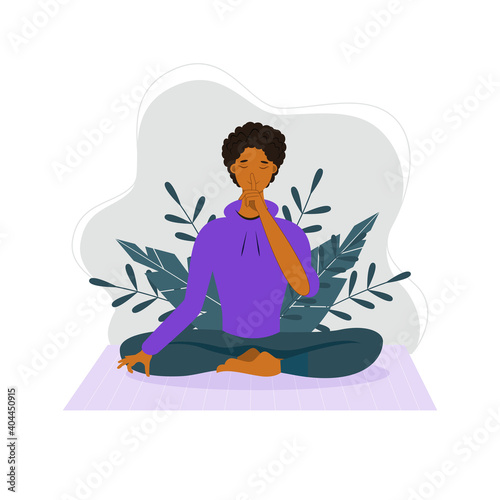 Young man with closed eyes sitting cross legged on floor and meditating. 
Young man with closed eyes sitting cross legged on floor and meditating. 
Yoga retreat, spiritual practice, Vipassana Buddhi

