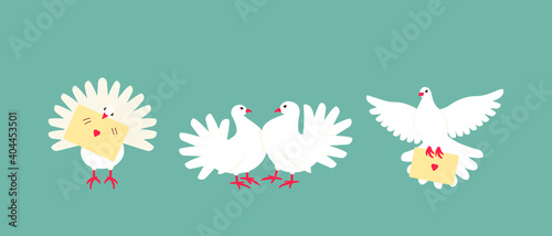 A set of white doves is a symbol of peace and family well-being. A couple of pigeons are often used at weddings. The dove delivers a love message. Flat vector illustration.