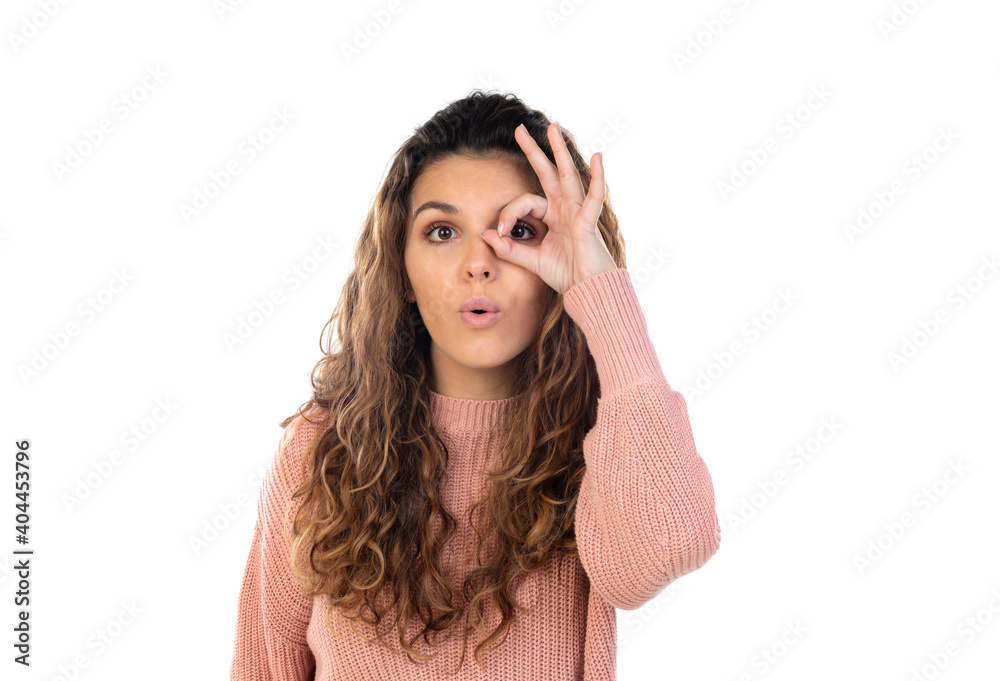 Beautiful middle aged woman with pink woolen sweater Beautiful middle aged woman with pink woolen sweater