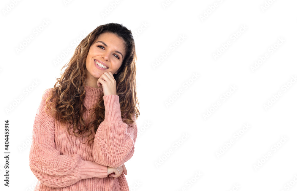Beautiful middle aged woman with pink woolen sweater Beautiful middle aged woman with pink woolen sweater