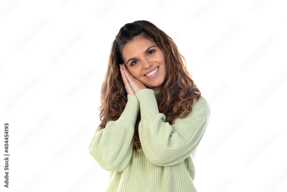 Beautiful middle aged woman with pink woolen sweater Beautiful middle aged woman with pink woolen sweater