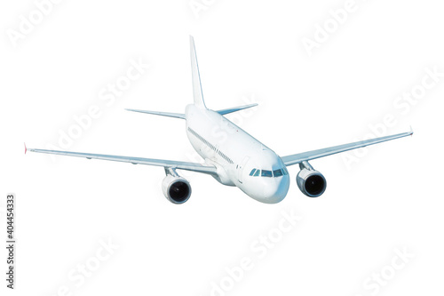 Flying white passenger airplane isolated on white background