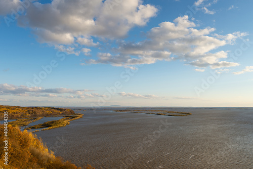 Russia. Khabarovsk region. A beautiful view of the river named Cupid. The Amur River near the villages of Malmij and Nergen .