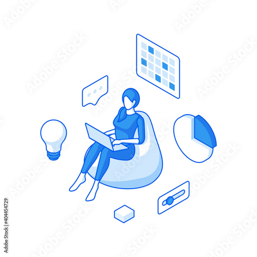 Cartoon businesswoman working with laptop at home