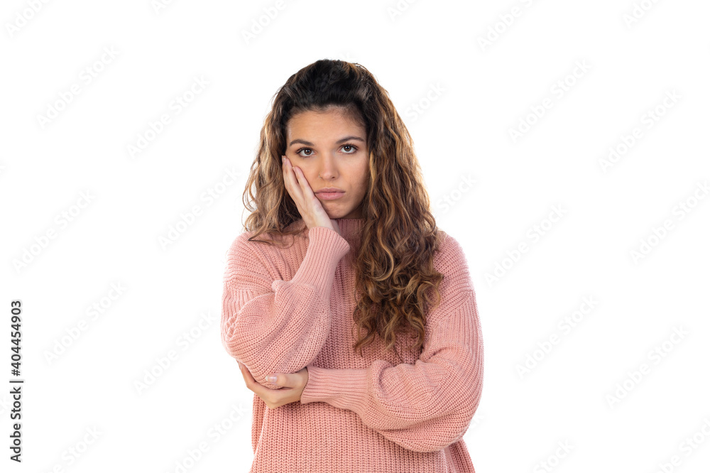Beautiful middle aged woman with pink woolen sweater Beautiful middle aged woman with pink woolen sweater