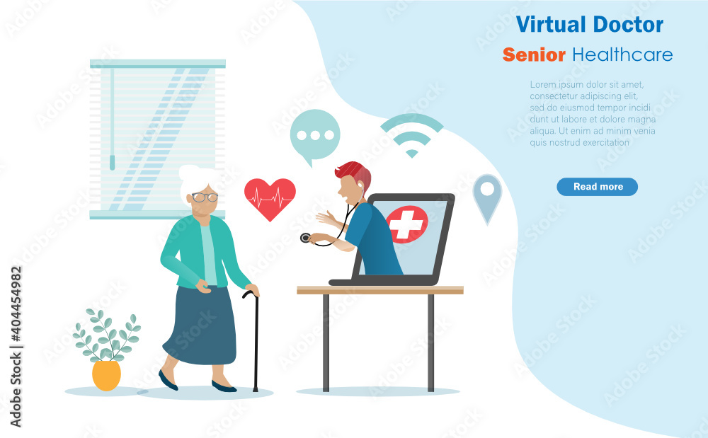 Senior patient online remote consulting with doctor in hospital. Idea for virtual doctor, contactless service, medical and healthcare  for elderly, retirement people concept.