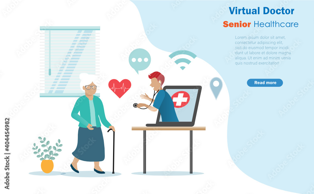Senior patient online remote consulting with doctor in hospital. Idea for virtual doctor, contactless service, medical and healthcare for elderly, retirement people concept. Senior patient online remote consulting with doctor in hospital. Idea for virtual doctor, contactless service, medical and healthcare for elderly, retirement people concept.
