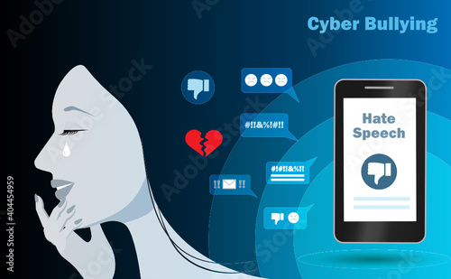 Cyber bullying, online shaming, hate speech and negative criticism concept. Woman crying when seeing hate speech from online social network on smartphone. 