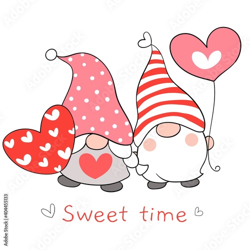Draw couple love gnomes with red heart for Valentine.