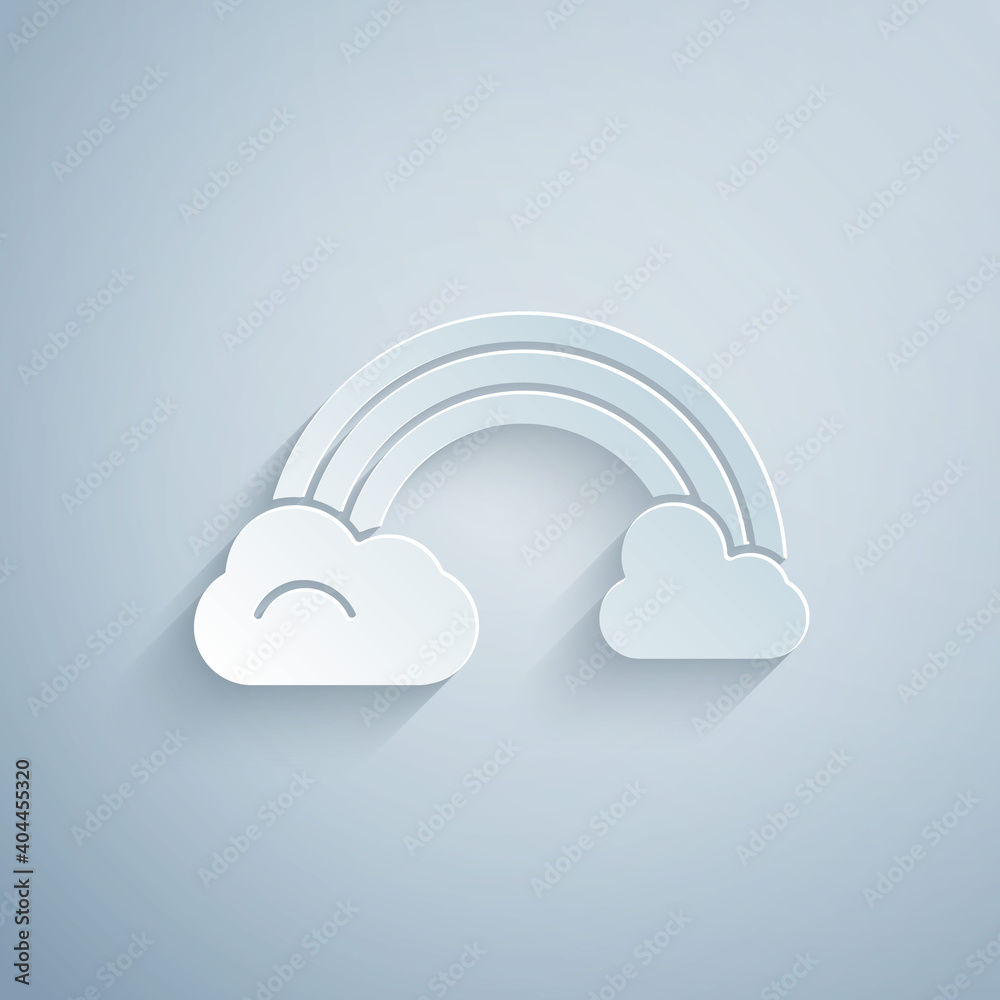 Paper cut Rainbow with clouds icon isolated on grey background. Paper art style. Vector Illustration. Paper cut Rainbow with clouds icon isolated on grey background. Paper art style. Vector Illustration.