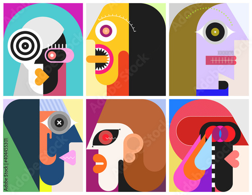 Six People Portraits modern art graphic illustration. Six different faces.