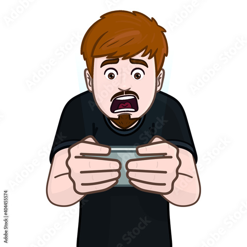 man looks scared into his cell phone. upper body, avatar, comic.