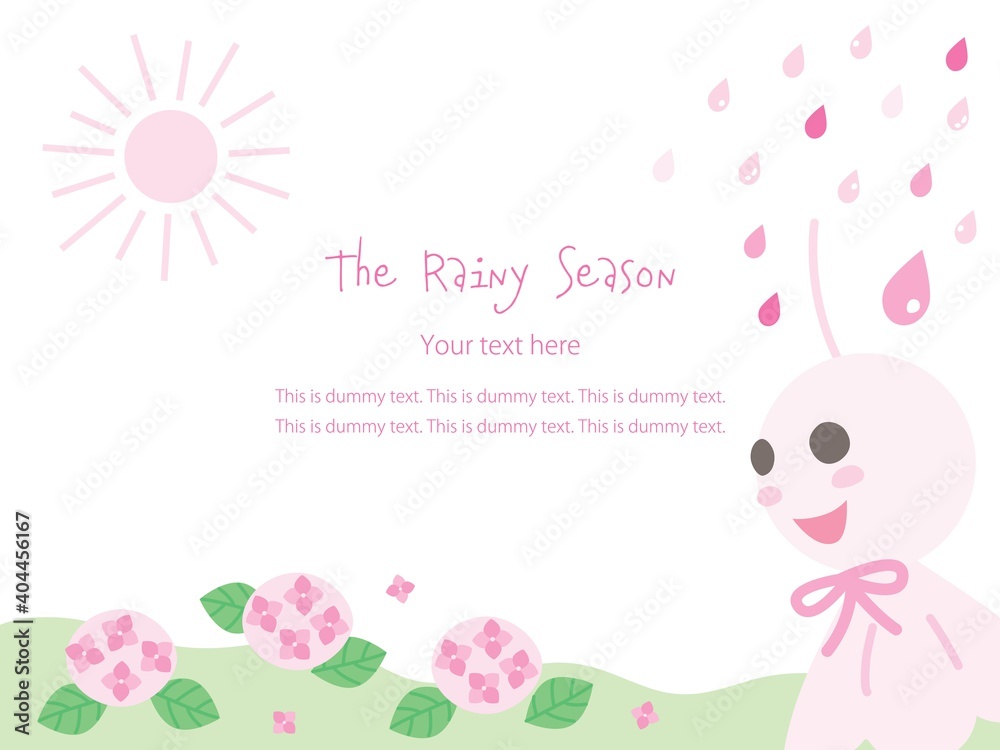 梅雨の紫陽花と雨とピンク色のてるてる坊主の風景