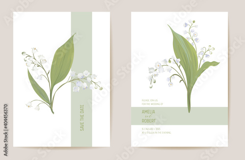 Wedding lily floral Save the Date set. Vector spring flowers, leaves boho invitation card. Watercolor template