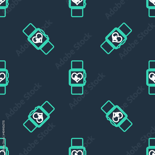 Line Smart watch showing heart beat rate icon isolated seamless pattern on black background. Fitness App concept. Vector.