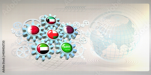 Abstract concept image with flags of the Gulf Cooperation Council (GCC) partner nations on gear wheels working together within the mechanism of collaboration between the member states Fototapeta