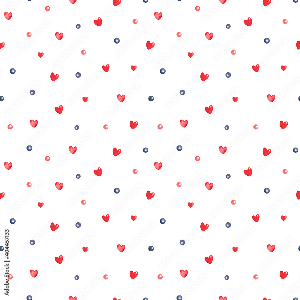 Watercolor seamless pattern with pearls and hearts on white background. Great for fabrics, wrapping papers, wallpapers, covers. Hand painted illustration. Blue and red colors.