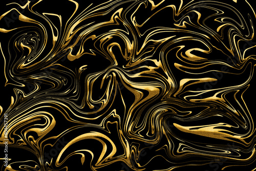 Abstract background illustration of liquid gold glitter paint swirls on black background