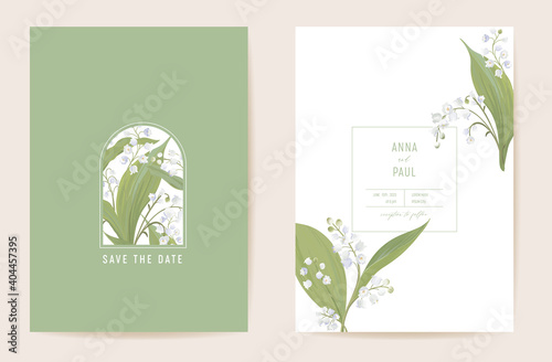 Wedding lily floral Save the Date set. Vector spring flowers, leaves boho invitation card. Watercolor template