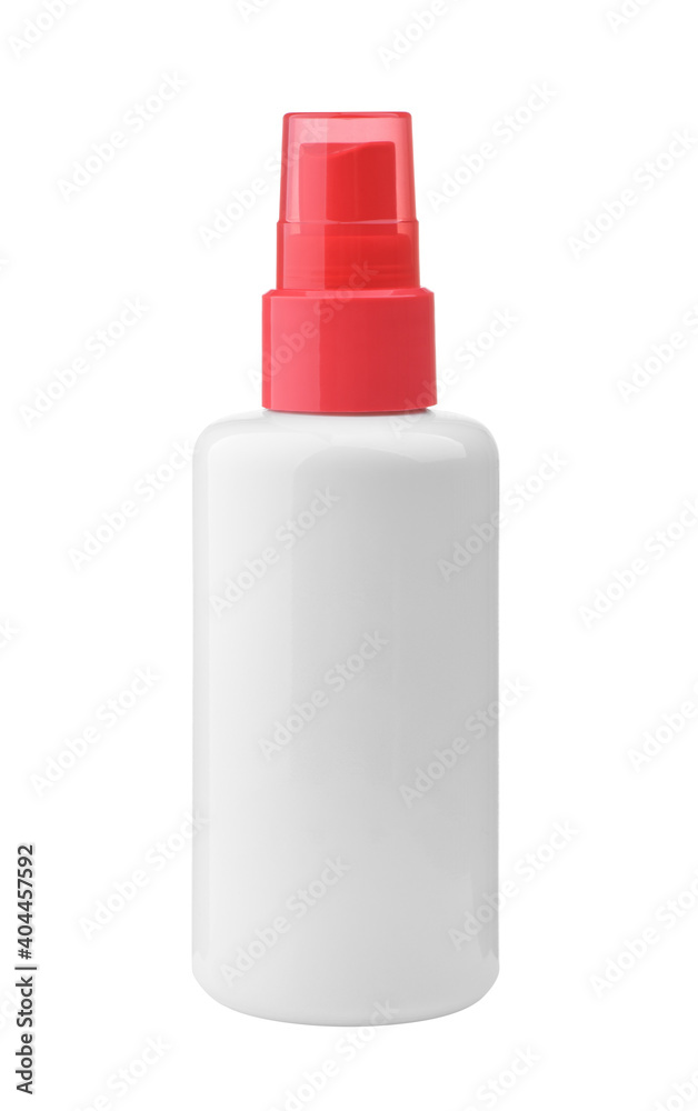White spray bottle isolated. Mock-up with red cap. White spray bottle isolated. Mock-up with red cap.