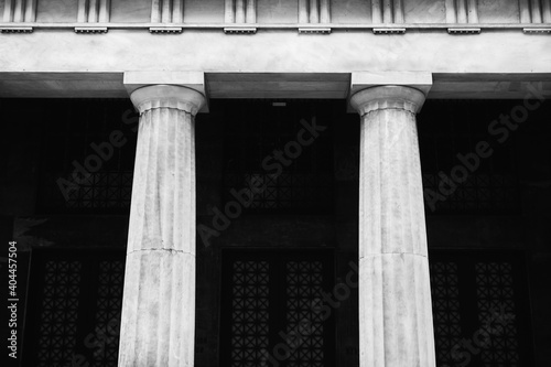 Building with pillars, column, black and white