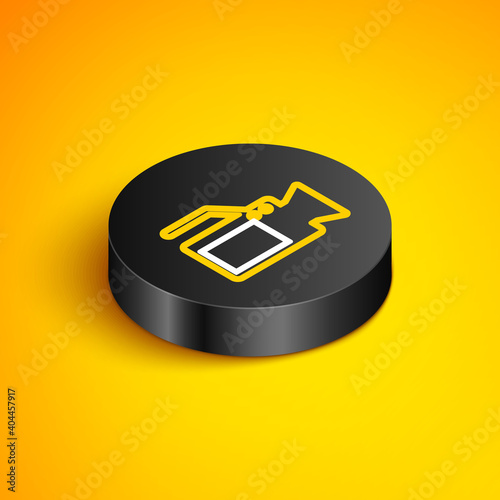 Isometric line Cinema camera icon isolated on yellow background. Video camera. Movie sign. Film projector. Black circle button. Vector.