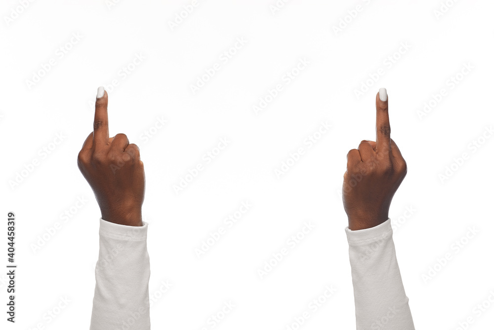 gesture and people concept - hands of african american woman showing middle fingers on white background gesture and people concept - hands of african american woman showing middle fingers on white background