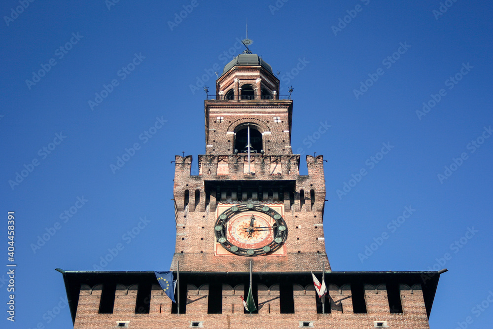 The clock tower of Sforza Castle in Milan, It was built in the 15th century by Francesco Sforza, Duke of Milan Lombardy. Landmark of Italy