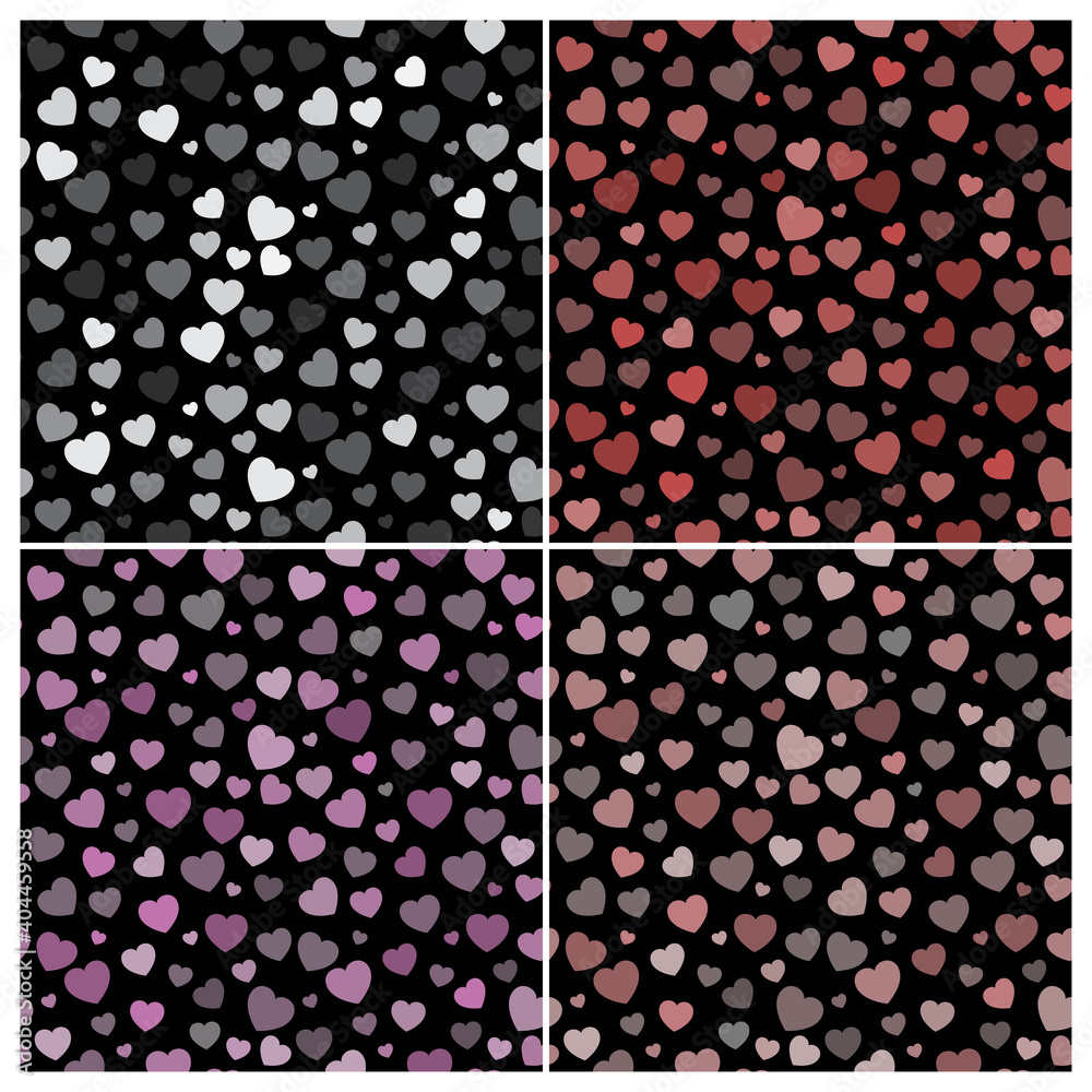 Heart background set for Valentines day. Pretty pastel seamless pattern collection with heart shapes on black background. Vector backdrop for different love occasions like wedding or anniversary.