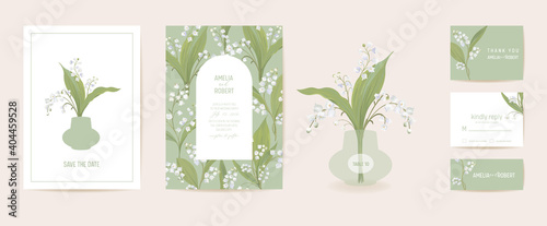 Modern minimal Art Deco wedding vector Invitation set. Boho lily flower card template..Spring pastel flowers poster