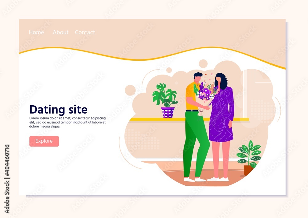 Fototapeta premium Landing page for dating site with men giving flowers to women , couple spending time together. Happy people relaxing. Boy and girl talking . Vector illustration of romantic relationship