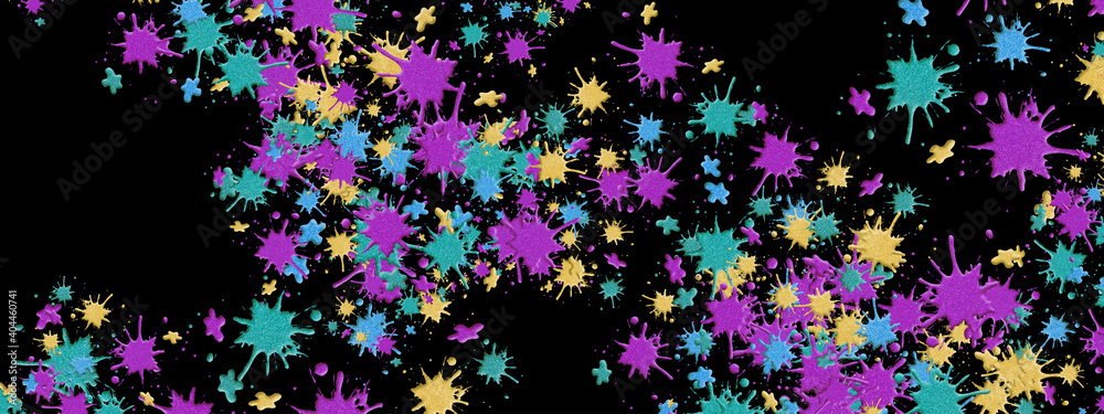 Banner background illustration of gold, blue, purple and green glitter paint splats against a black background.