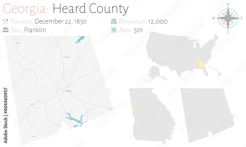 Fototapeta premium Large and detailed map of Heard county in Georgia, USA.