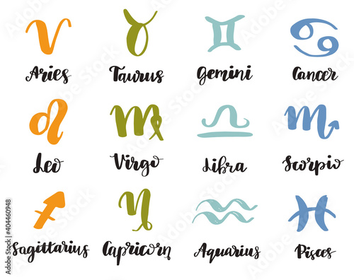 Vector hand drawn in sketch style astrology illustrations of the zodiac signs.